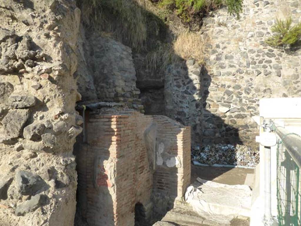 Herculaneum, September 2015. Looking north towards the west side of the front of the Augusteum.