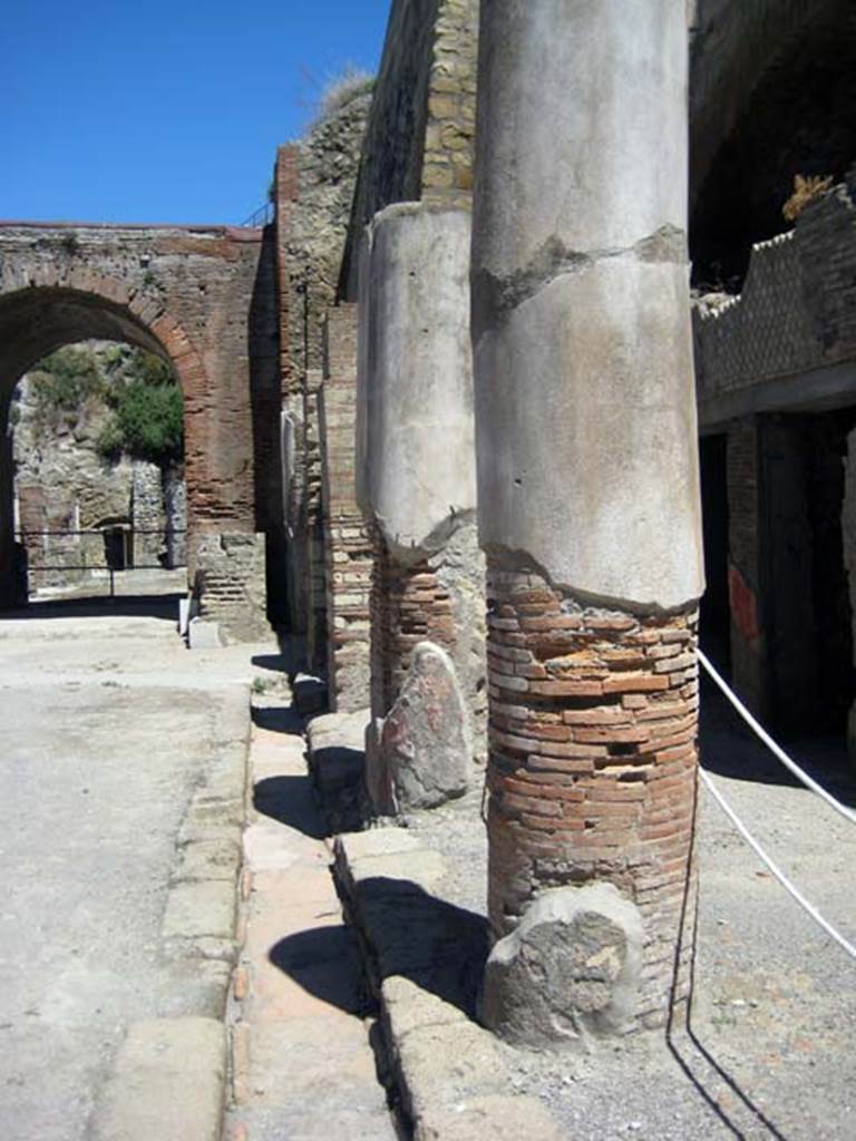 Decumanus Maximus, north side, Herculaneum, June 2011. Looking west along gutter.
Looking west along north side. Photo courtesy of Sera Baker.