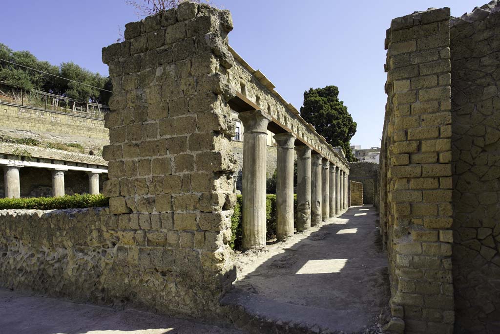 II.1 Herculaneum, August 2021. 
Modern doorway linking to peristyle of II.2 Casa d’Argo, on north side of atrium. Photo courtesy of Robert Hanson
