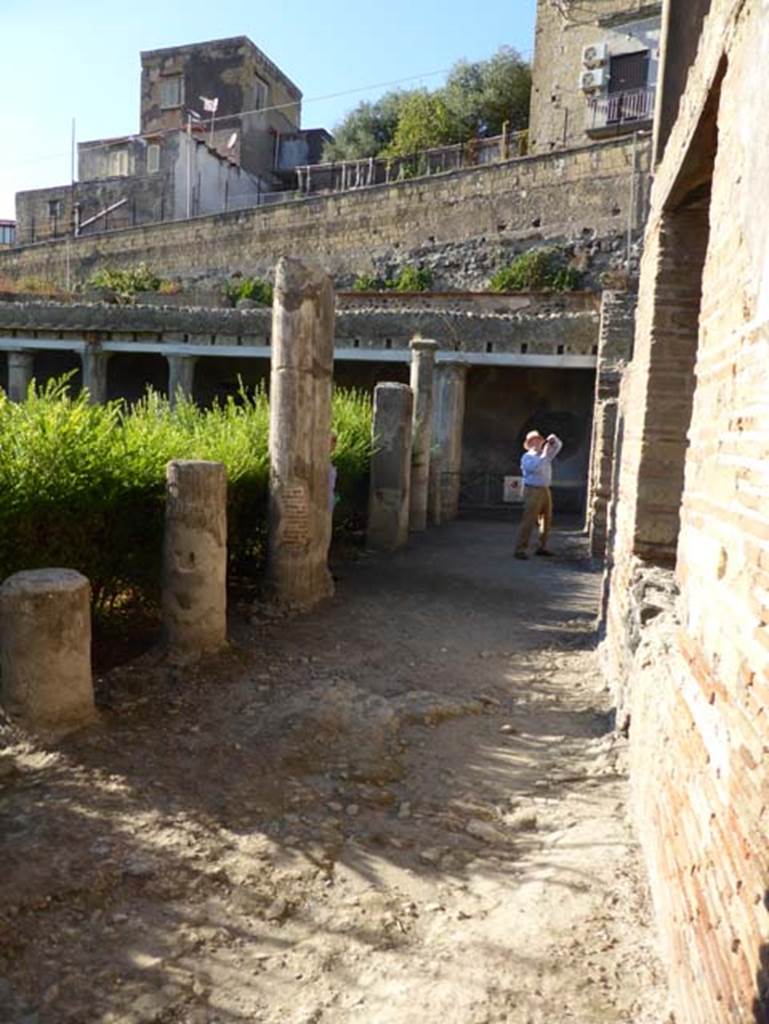 II.2 Herculaneum, September 2015. Looking west along north portico.
The Via Mare with its houses is above the west portico.
II.2 Herculaneum, September 2015. Looking west along north portico.
The Via Mare with its houses is above the west portico.
