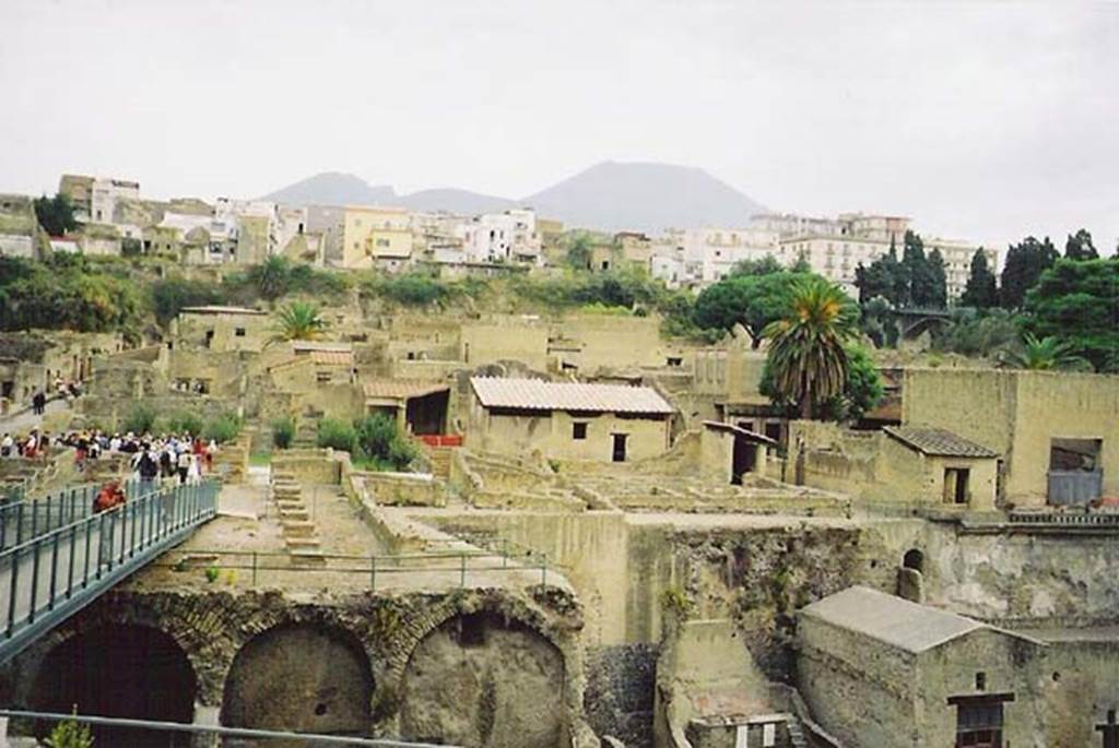 III.1/2/18/19, Herculaneum, October 2001. Looking north from access roadway towards upper and lower rooms, in centre. Note the access bridge led onto the southern large terrace with remains of collapsed massive square pilasters. Photo courtesy of Michael Binns.
