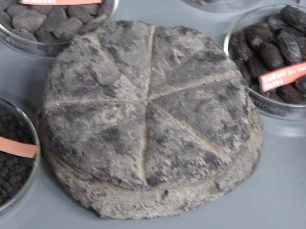 III.17, Herculaneum, September 2016. Carbonised bread, found in this location, now in deposits. Photo courtesy of Michael Binns.
According to Monteix, apart from dividing the upper area into six portions, the shape of the cut implies the use of a cord to model the dough during its rise.
An unreadable seal has been applied to the upper surface.
See Monteix, N. 2010. Les lieux de métier. Boutiques et ateliers d’Herculanum. Ecole française de Rome, (p.153).