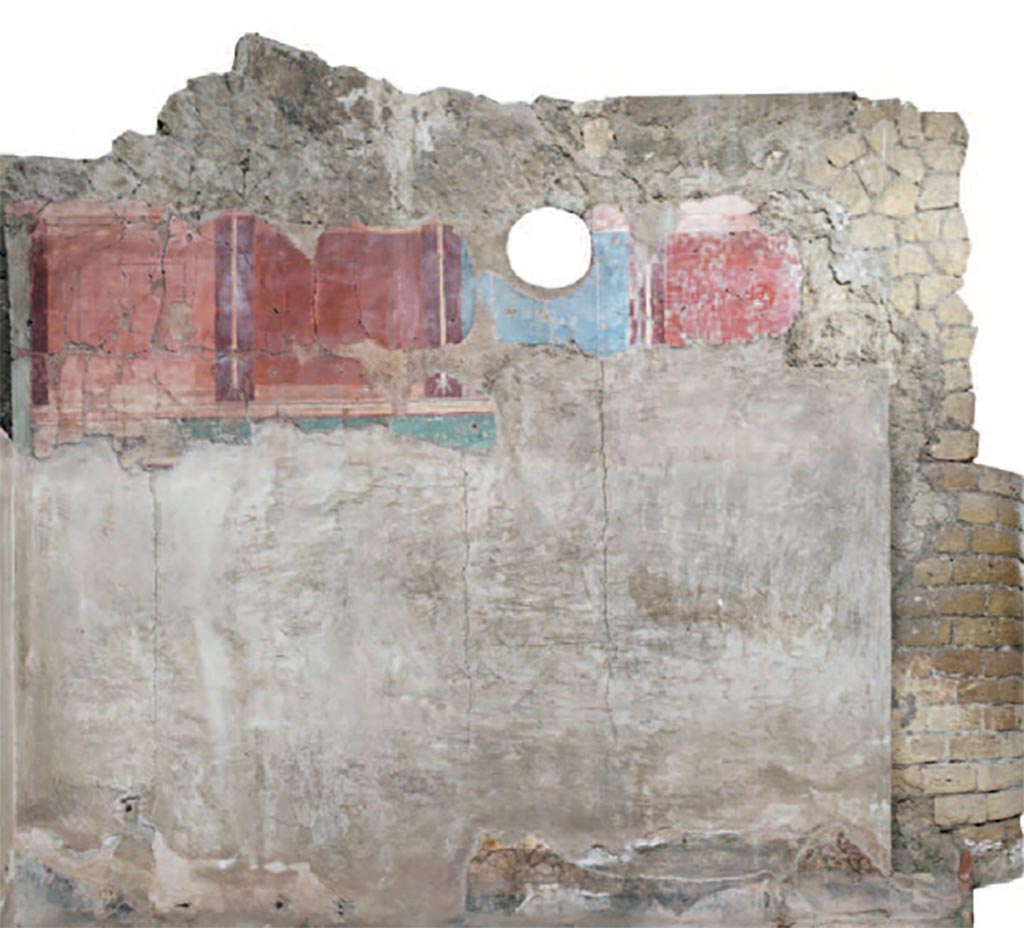 III.19/18/1, Herculaneum. 2013 photogrammetry survey of east wall of room 5, the caldarium.
According to Helg, Malgieri, and Pascucci:
Much more incomplete is the decoration of this room, of which only a fragment of the faux marble plinth and part of the upper area of the east wall remains.
See Helg R., Malgieri A., and Pascucci C., 2013. Le pitture del settore termale della Casa dell’Albergo a Ercolano: osservazioni preliminari, in Context and Meaning (Conference proceedings), 2013, p. 280-1, fig. 3.
