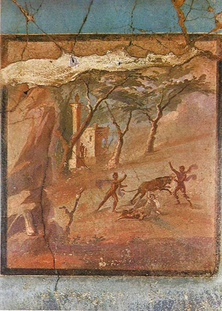 IV.2/1, Herculaneum. Room 9, central painting of Punishment of Dirce, from north wall. 