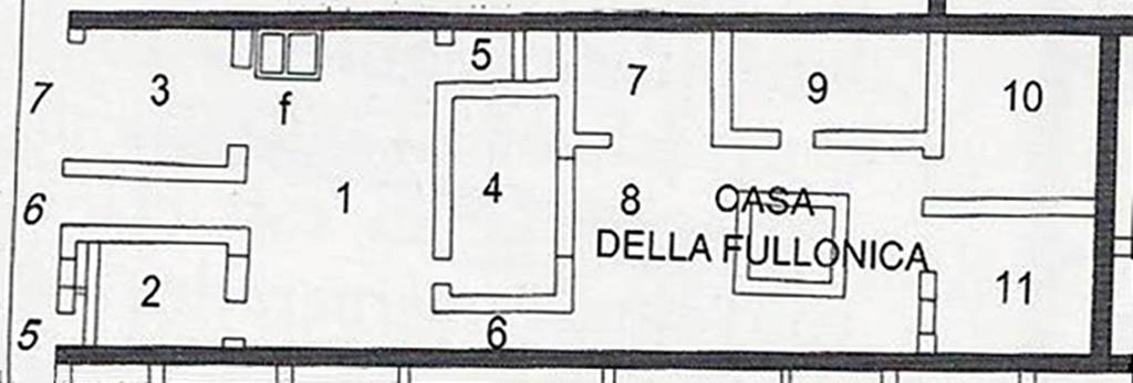 Herculaneum IV.6. Plan of the Casa della Fullonica.
See Pesando, F. and Guidobaldi, M.P. (2006). Pompei, Oplontis, Ercolano, Stabiae. Editori Laterza, (p. 335)

