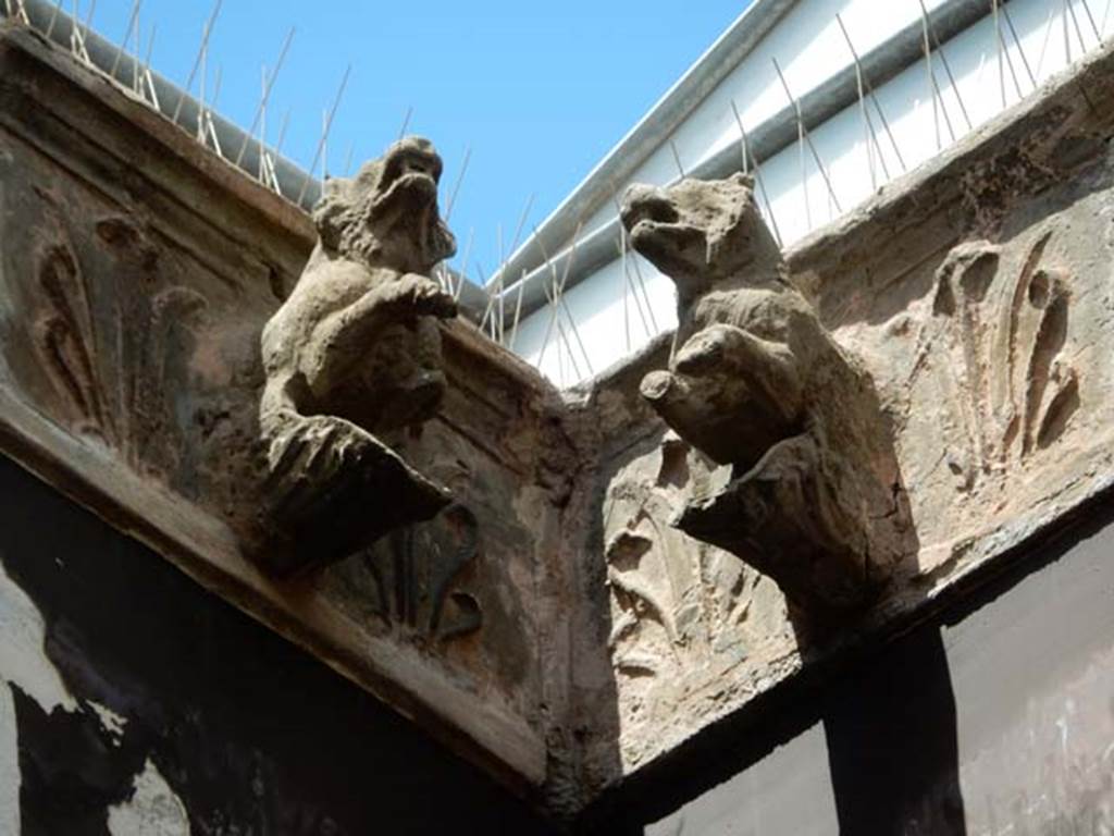 V.1, Herculaneum. May 2018. Detail of terracotta dog’s heads from compluvium in atrium. Photo courtesy of Buzz Ferebee.