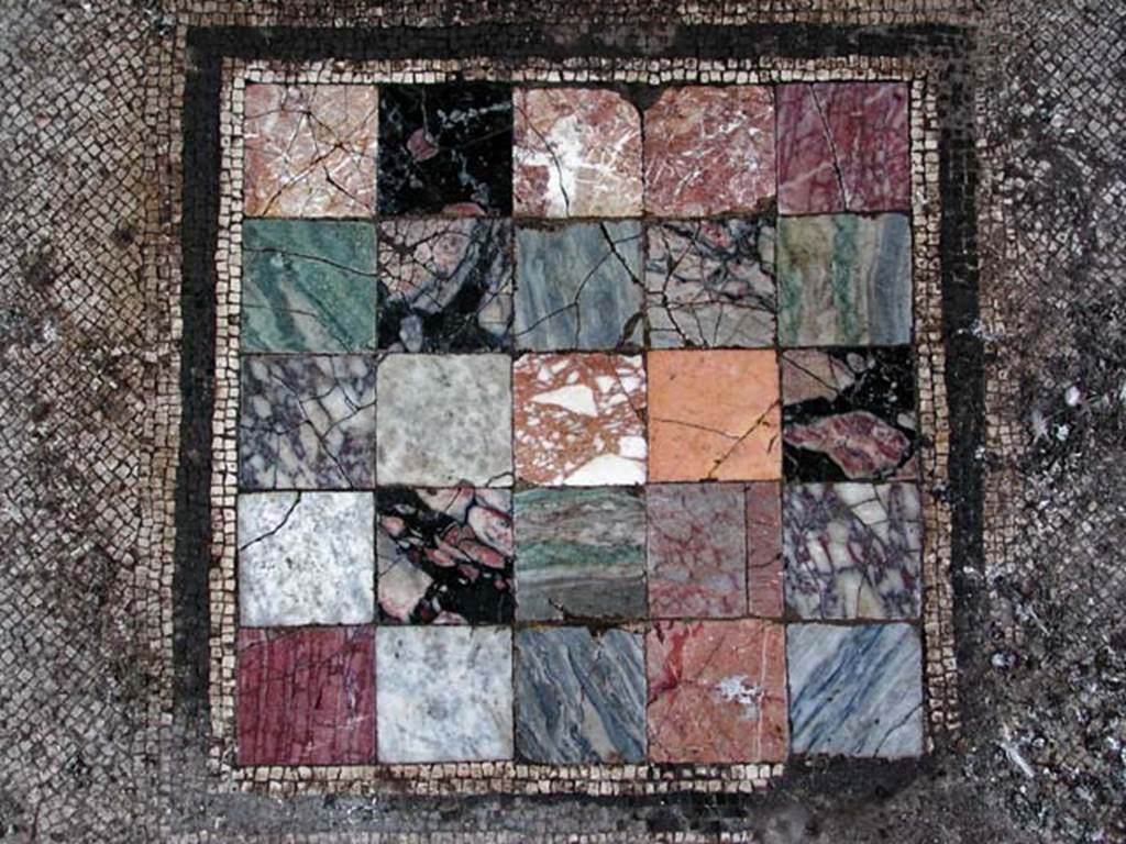 V.5, Herculaneum. September 2003. Room 4, central marble emblems in flooring.  Photo courtesy of Nicolas Monteix.