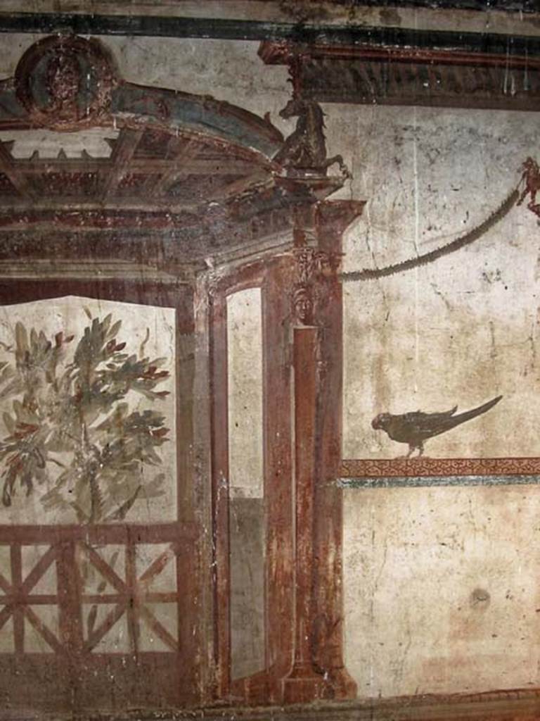 V.5, Herculaneum. May 2003.  Room 1, triclinium, painted decoration from north wall. 
Photo courtesy of Nicolas Monteix.
