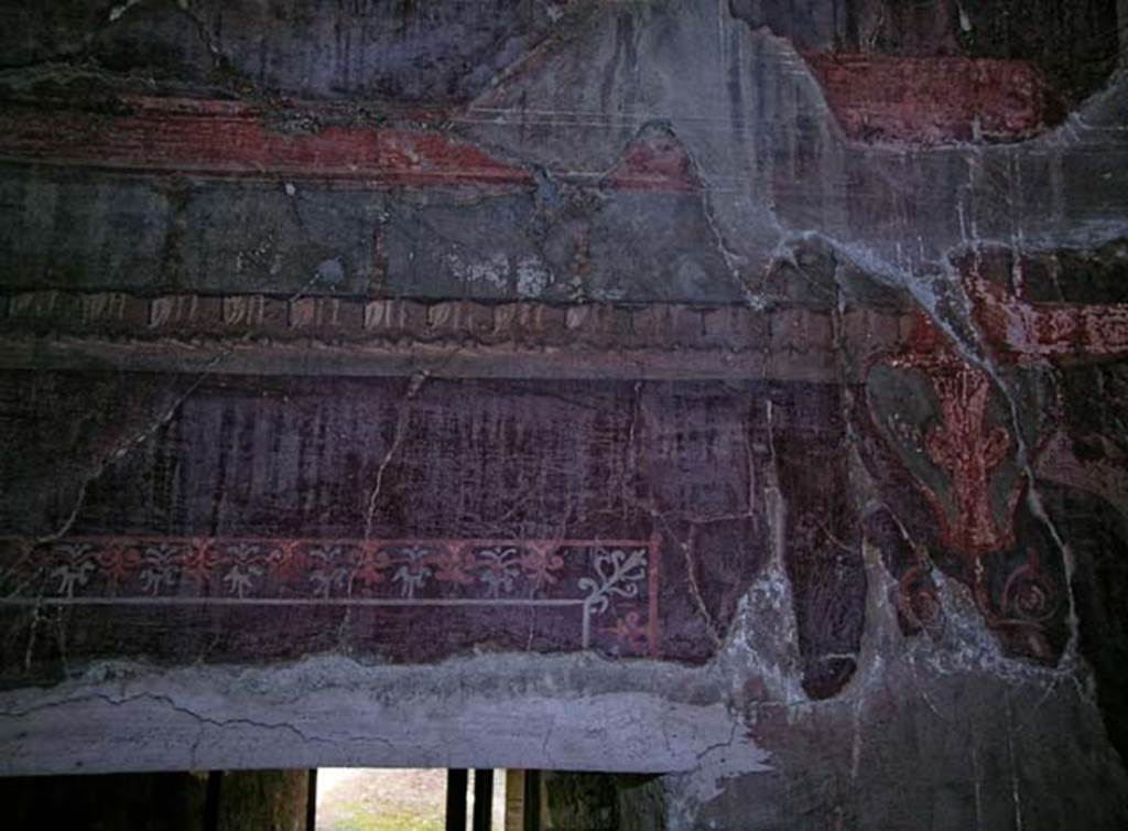 V.5, Herculaneum. May 2005. Detail of upper wall painting from above doorway in west wall.
Photo courtesy of Nicolas Monteix.