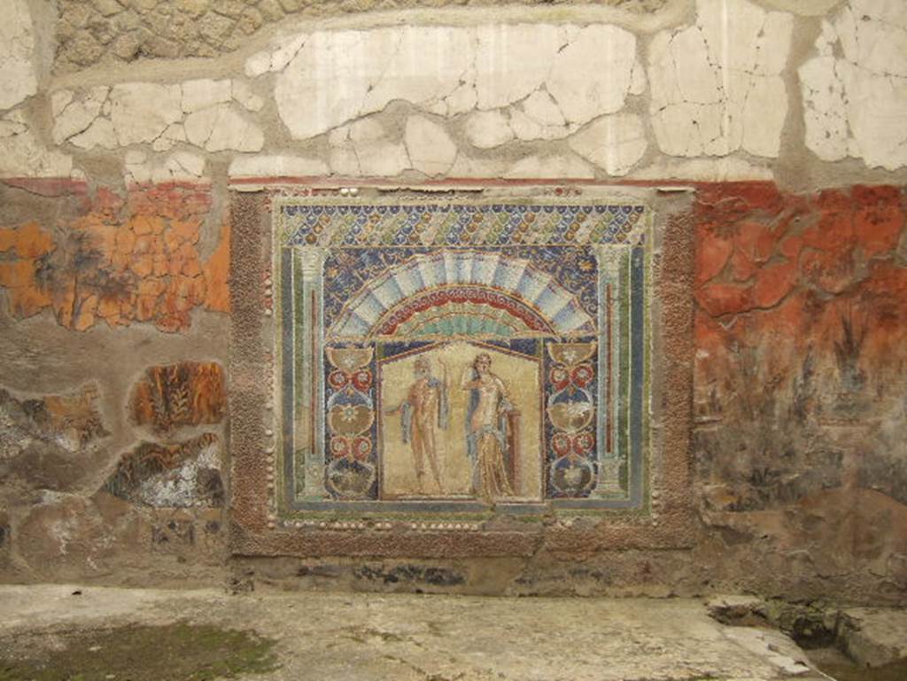 Ins.V.7, Herculaneum. May 2006. East wall of internal courtyard with mosaic panel of Neptune and Amphitrite.

