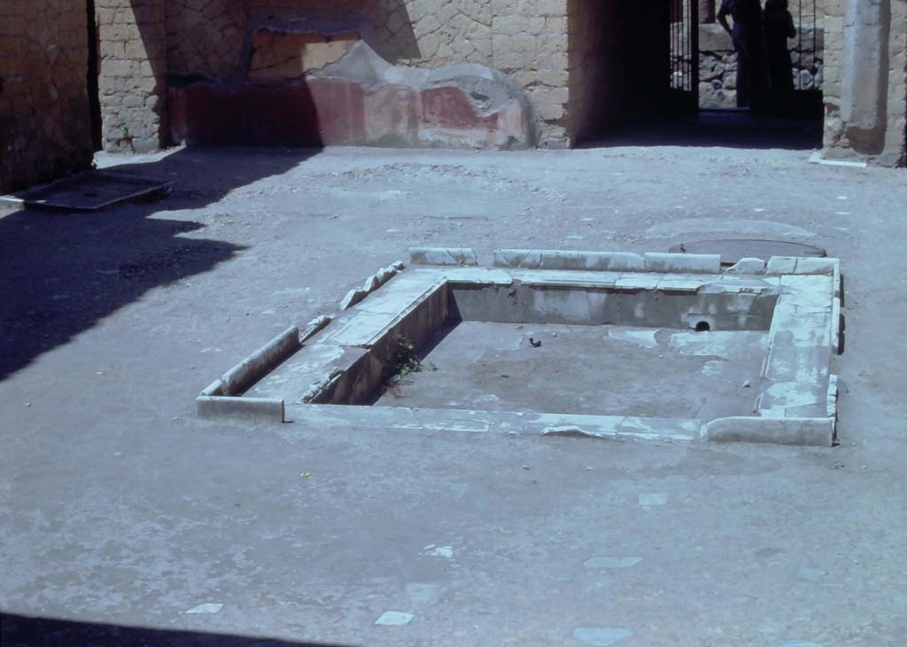 V.7 Herculaneum. 7th August 1976. Looking west across impluvium in atrium.
Photo courtesy of Rick Bauer, from Dr George Fay’s slides collection.