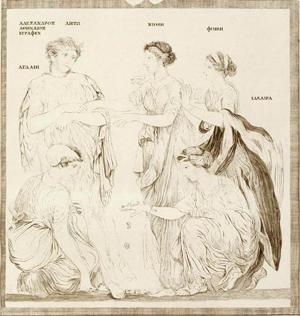V 7, Herculaneum. Drawing of painting on marble showing five girls, two playing knuckle bones.
Found in the Scavi at Resina, 24th May 1746.
See Antichità di Ercolano: Tomo Primo: Le Pitture 1, 1757, Tav. 1, p. 5.
