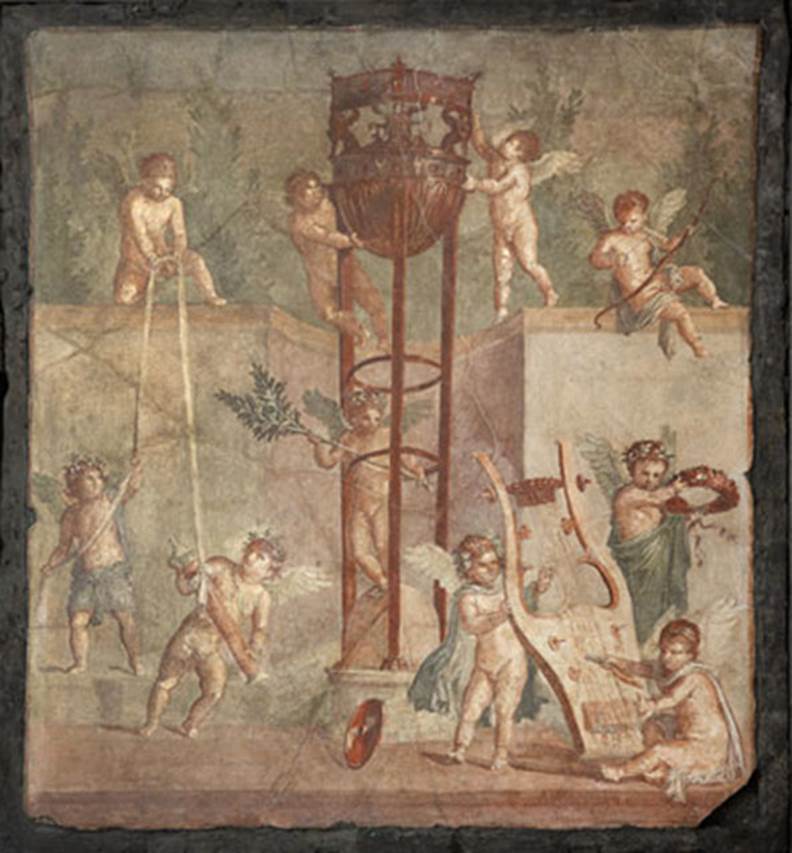 V.18/17, Herculaneum. 2013. Painting of cupids playing with the attributes of Apollo.
Found in the centre of the north wall in an upper room.
Photo © The Trustees of the British Museum. All rights reserved. Image 01142093001.
The British Museum says this is SAP inventory number 77872.