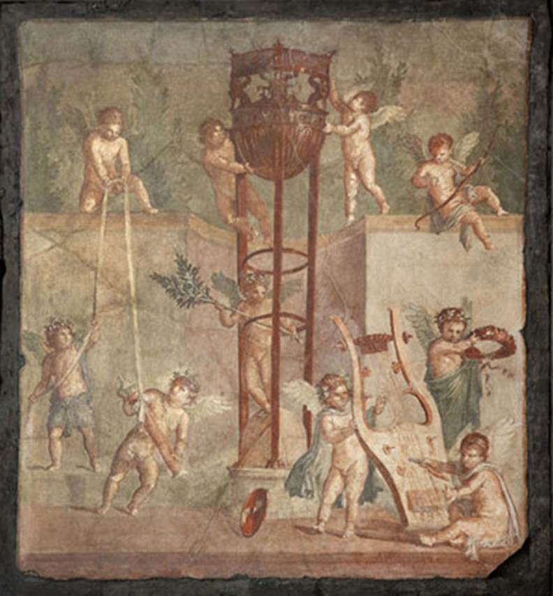 V.18/17, Herculaneum. 2013. Painting of cupids playing with the attributes of Apollo.
Found in the centre of the north wall in an upper room.
Photo © The Trustees of the British Museum. All rights reserved. Image 01142093001.
The British Museum says this is SAP inventory number 77872.