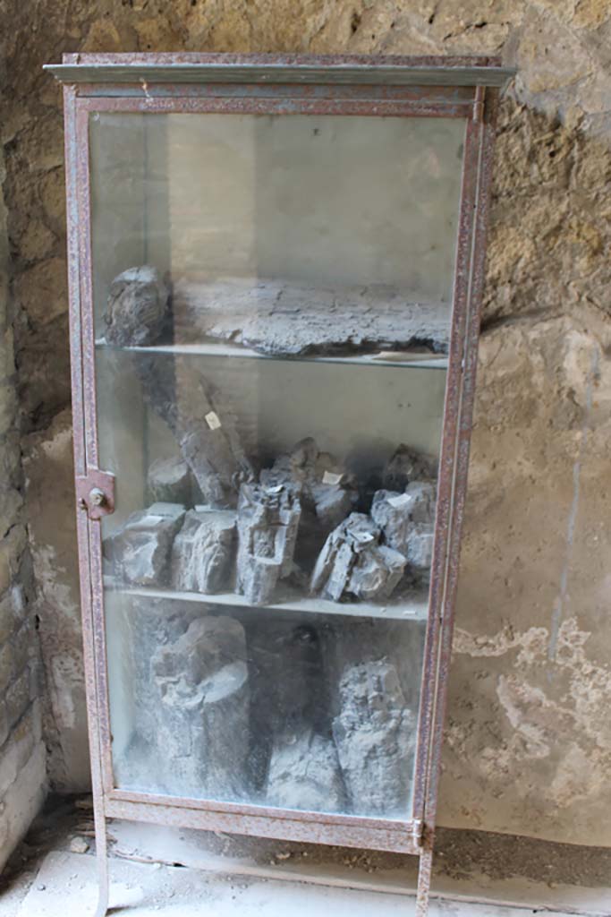 V.19 Herculaneum. March 2014. Glass display case containing carbonised woods. 
Foto Annette Haug, ERC Grant 681269 DÉCOR.
