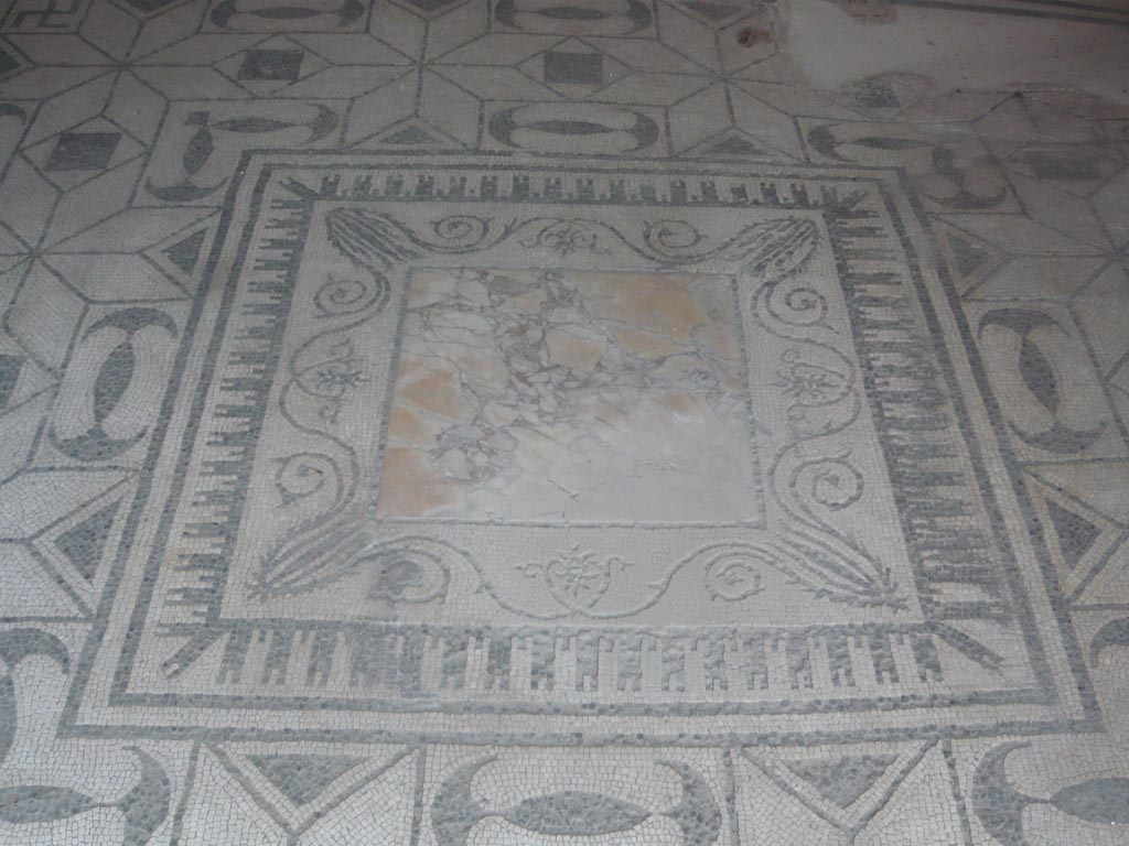 V.30 Herculaneum. August 2013.
Oecus 1, emblema set in black and white mosaic with central emblem of a slab of giallo antico marble. Photo courtesy of Buzz Ferebee.