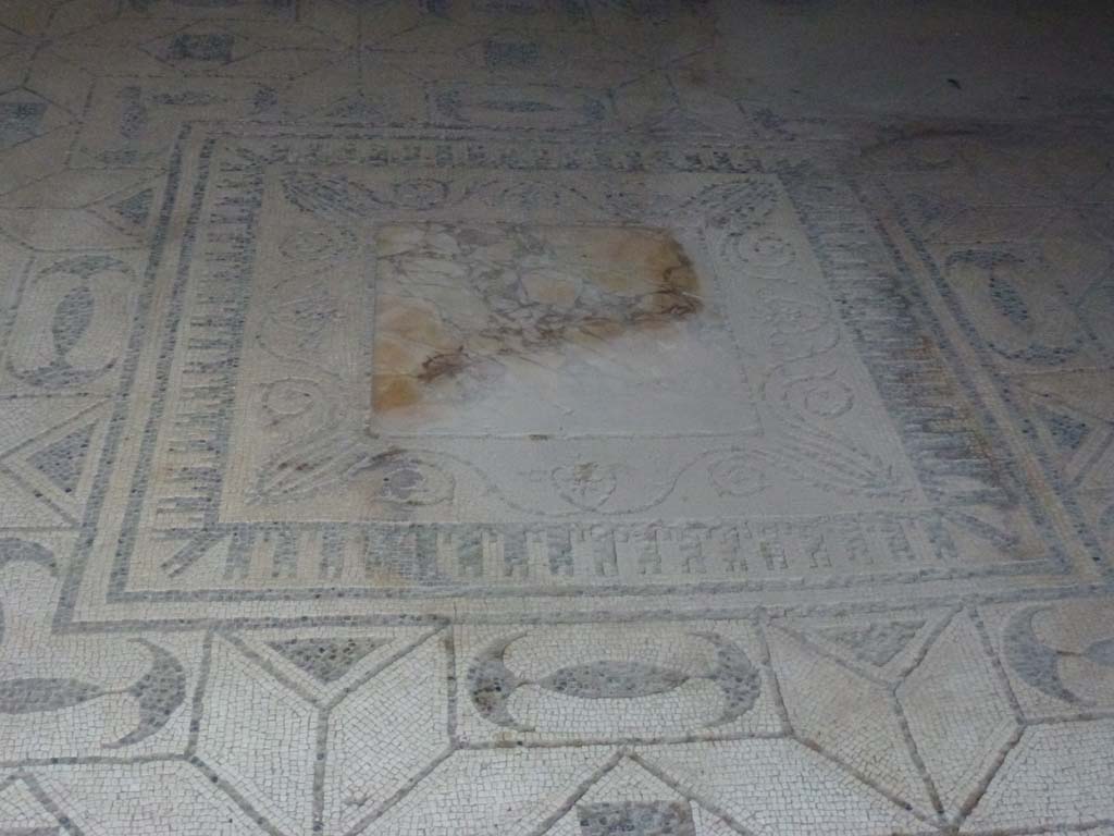 V.30 Herculaneum, October 2012.
Oecus 1, flooring of black and white mosaic, and emblema in centre made of yellow “marmo antico”. Photo courtesy of Michael Binns.