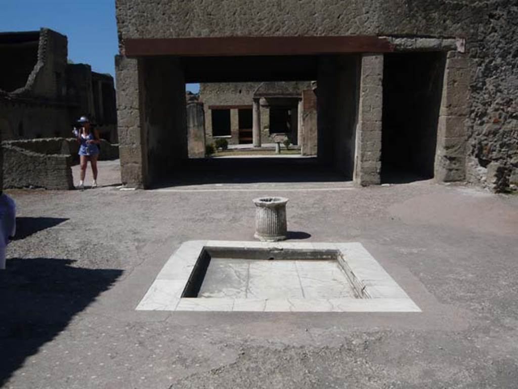 VI.13 Herculaneum. August 2013. Looking south across impluvium in atrium. Photo courtesy of Buzz Ferebee.
On the west side, right, of the tablinum is a corridor that although now blocked used to lead through to the peristyle.