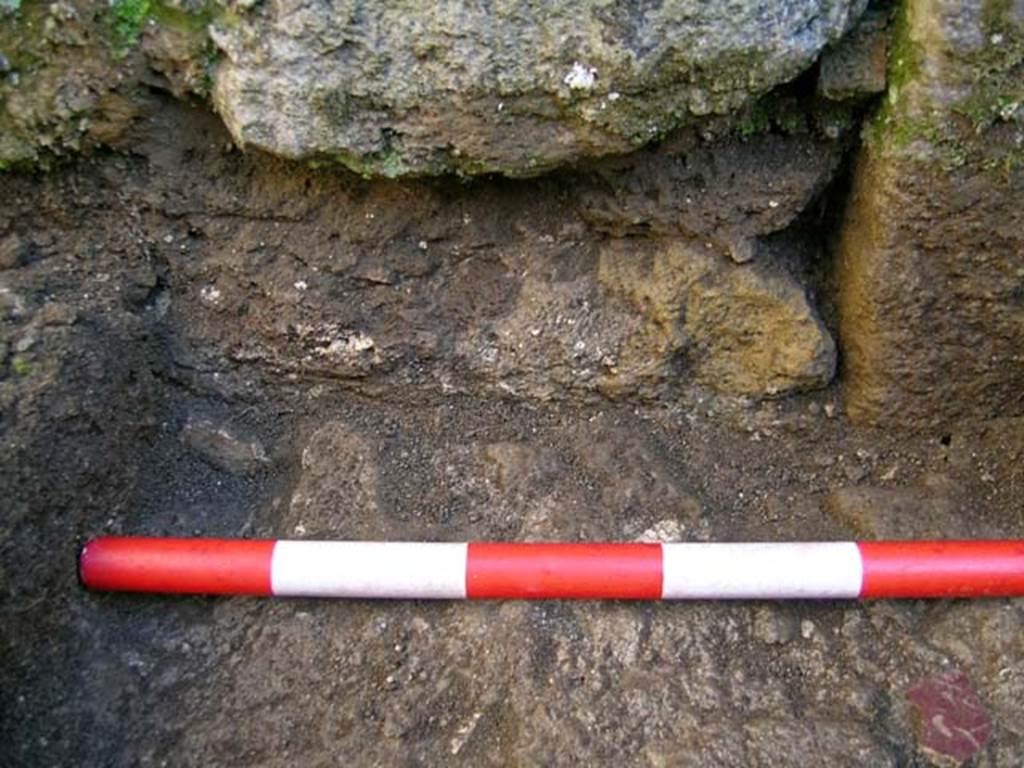 VI.25, Herculaneum. May 2004. Detail of an investigation beneath the floor of the shop-room.
Detail, looking west on the west side below the north end of the threshold. Photo courtesy of Nicolas Monteix.