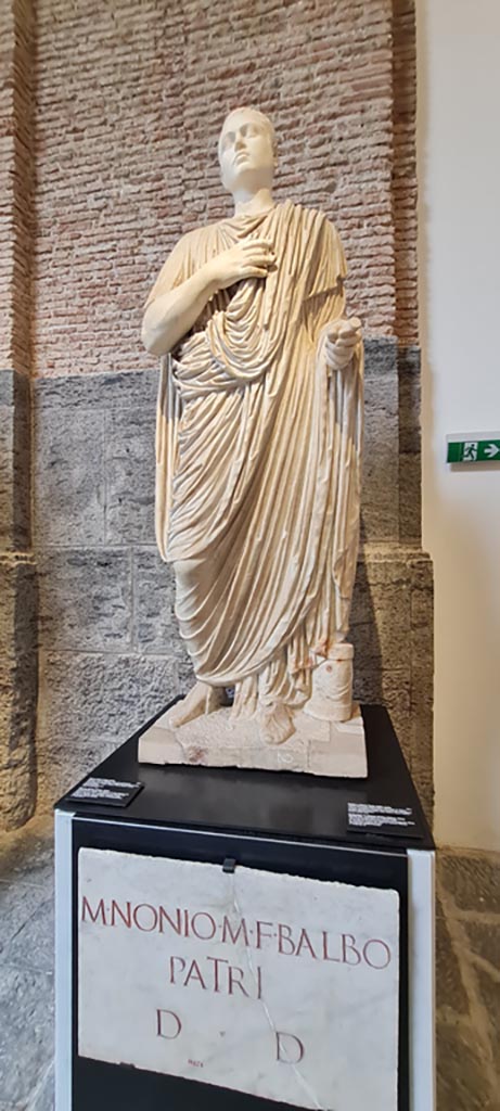 Herculaneum, Basilica Noniana. April 2023. 
White marble statue of Marcus Nonius Balbus, father of the proconsul.
On display in “Campania Romana” gallery in Naples Archaeological Museum, inv. 6246.
Photo courtesy of Giuseppe Ciaramella.

