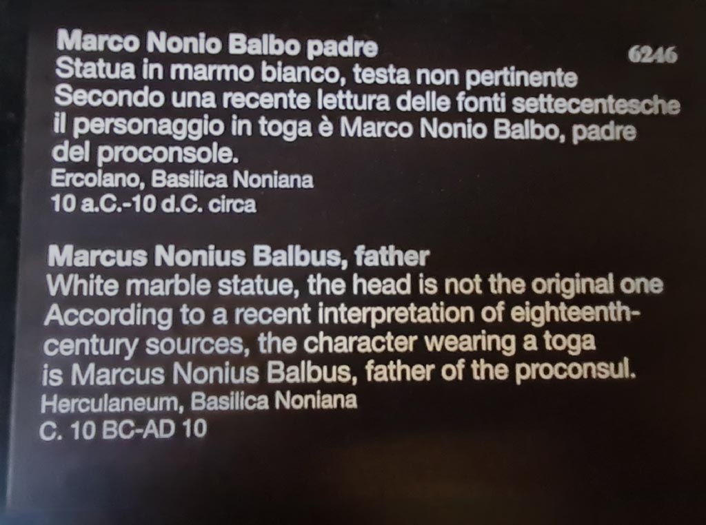 Herculaneum. April 2023. Descriptive card for statue of Marcus Nonius Balbus, father of the proconsul, inventory number 6246. Photo courtesy of Giuseppe Ciaramella.