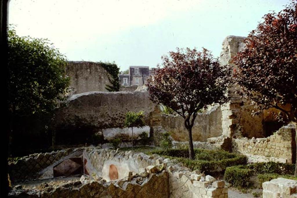 Ins. Orientalis I, 1, Herculaneum, 1961. Looking north-west across the terrace of the House of the Gem.  Photo by Stanley A. Jashemski.
Source: The Wilhelmina and Stanley A. Jashemski archive in the University of Maryland Library, Special Collections (See collection page) and made available under the Creative Commons Attribution-Non Commercial License v.4. See Licence and use details. J61f0598
