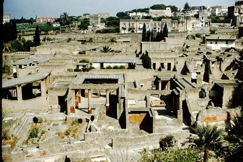 Ins. Or.1.2, Herculaneum, 1957. Looking west across rear of houses in south-east corner, from the access roadway. The garden and atrium of the House of Relief of Telephus, can be seen on the lower right. Photo by Stanley A. Jashemski.
Source: The Wilhelmina and Stanley A. Jashemski archive in the University of Maryland Library, Special Collections (See collection page) and made available under the Creative Commons Attribution-Non Commercial License v.4. See Licence and use details. J57f0428
