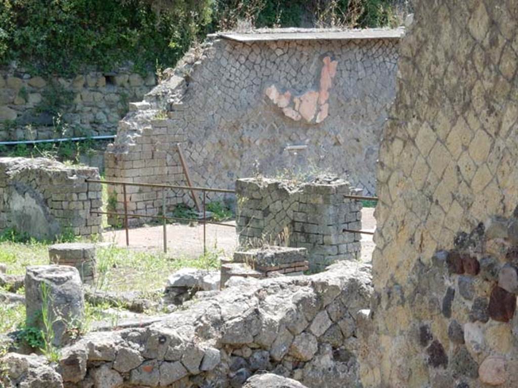 Ins. Orientalis I, 2, Herculaneum. May 2018. 
Looking south-east from tablinum, across corridor and peristyle garden towards east wall of rear oecus. 
Photo courtesy of Buzz Ferebee.
