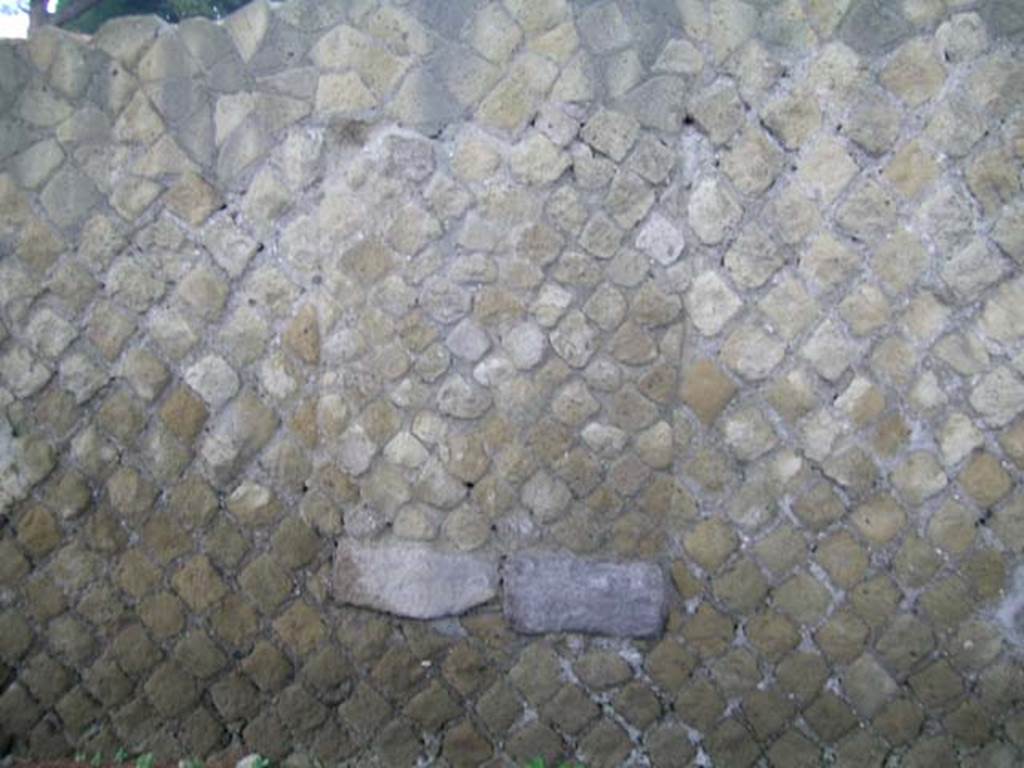 Ins. Orientalis II 1, Herculaneum, December 2008. Detail from exterior south wall of shop-room.
Photo courtesy of Nicolas Monteix.