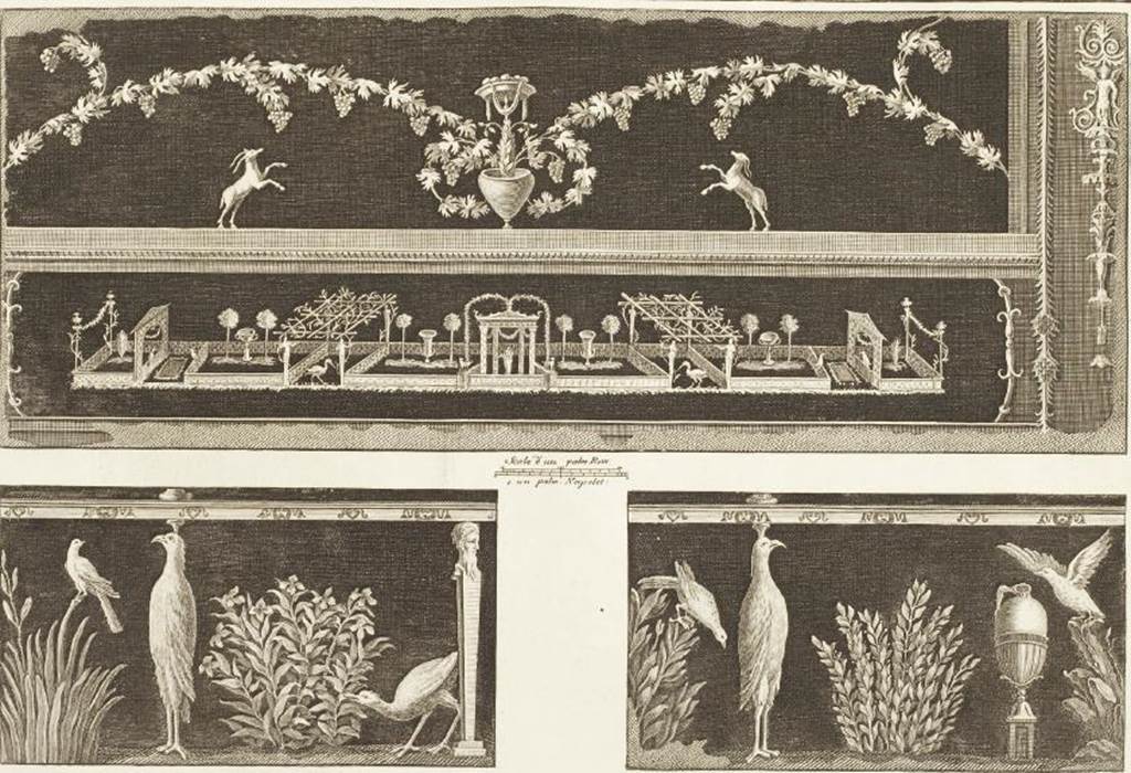 Ins. Or. II, 1a, Herculaneum. Three frescoes found in the Scavi di Portici, 1752.
Garlands, goats or gazelles and garden scene (top). Now in Now in Naples Archaeological Museum. Inventory number 9638.
Three birds and a herm (bottom left). Now in Now in Naples Archaeological Museum. Inventory number 8763.
Three birds and a vase (bottom right). Now in Now in Naples Archaeological Museum. Inventory number 8758.
See Le Antichità di Ercolano esposte Tomo 2, Le Pitture Antiche di Ercolano 2, 1760, Tav. 49, 265.