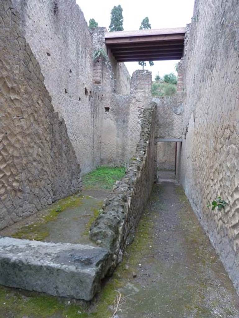 Ins. Orientalis II.7, Herculaneum. September 2015. Looking east from entrance doorway. Two doorways into rooms on the first floor can be seen in the centre of the photo. The “modern addition” would be the position of the floor of the rooms on the second floor.