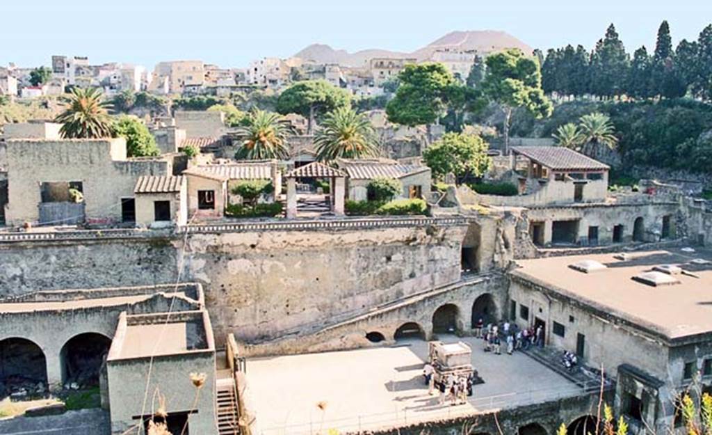 Herculaneum. October 2001. Looking north towards rear of the House of the Stags, Ins IV.21, in centre of photo above the Terrace of Balbus, lower centre, with Suburban Baths, on the right.  Photo courtesy of Peter Woods.
