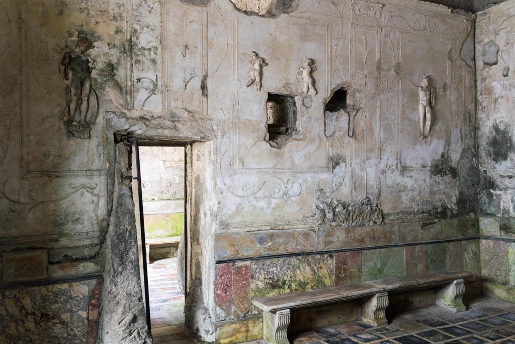 Herculaneum Suburban Baths. October 2023. 
Tepidarium, south end of west wall with doorway into smaller original caldarium. Photo courtesy of Johannes Eber. 
