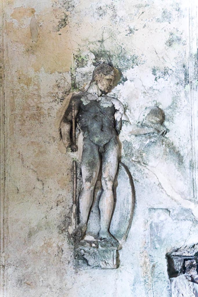Herculaneum Suburban Baths. October 2023. 
Detail of stucco warrior from south end of west wall. Photo courtesy of Johannes Eber. 
