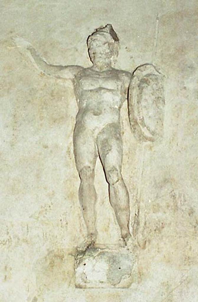 Suburban Baths, Herculaneum. October 2001.
Detail of stucco warrior with spear and shield, from north end of west wall of tepidarium.
Photo courtesy of Peter Woods.