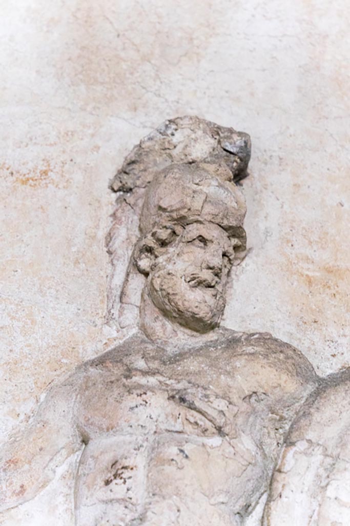 Herculaneum Suburban Baths. October 2023. 
Detail of stucco warrior from south end of east wall. Photo courtesy of Johannes Eber. 
