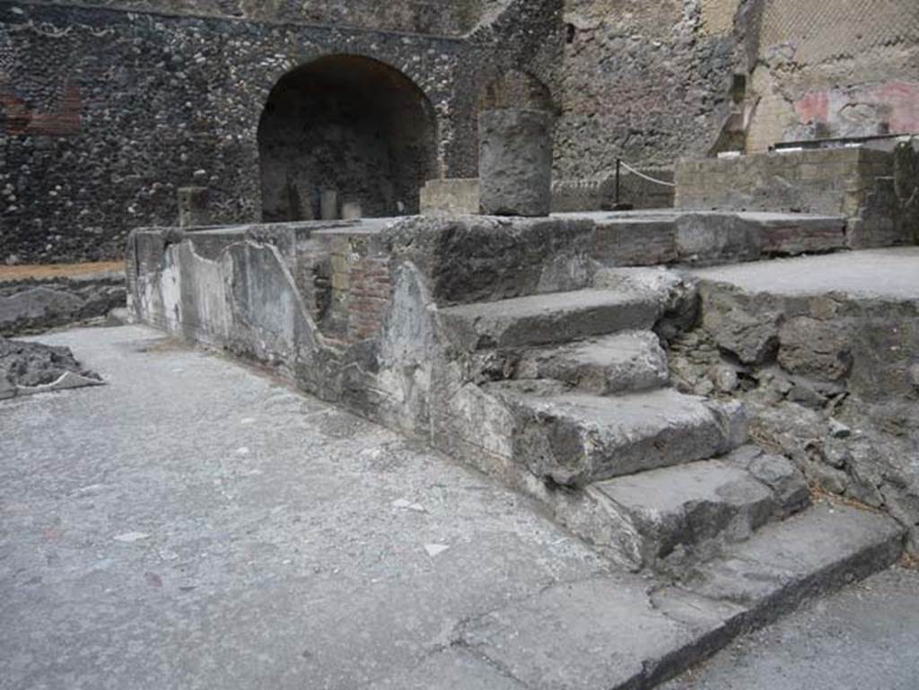 Herculaneum, August 2013. Sacred Area terrace, looking towards steps leading to the shrine of the Four Gods. Photo courtesy of Buzz Ferebee.
