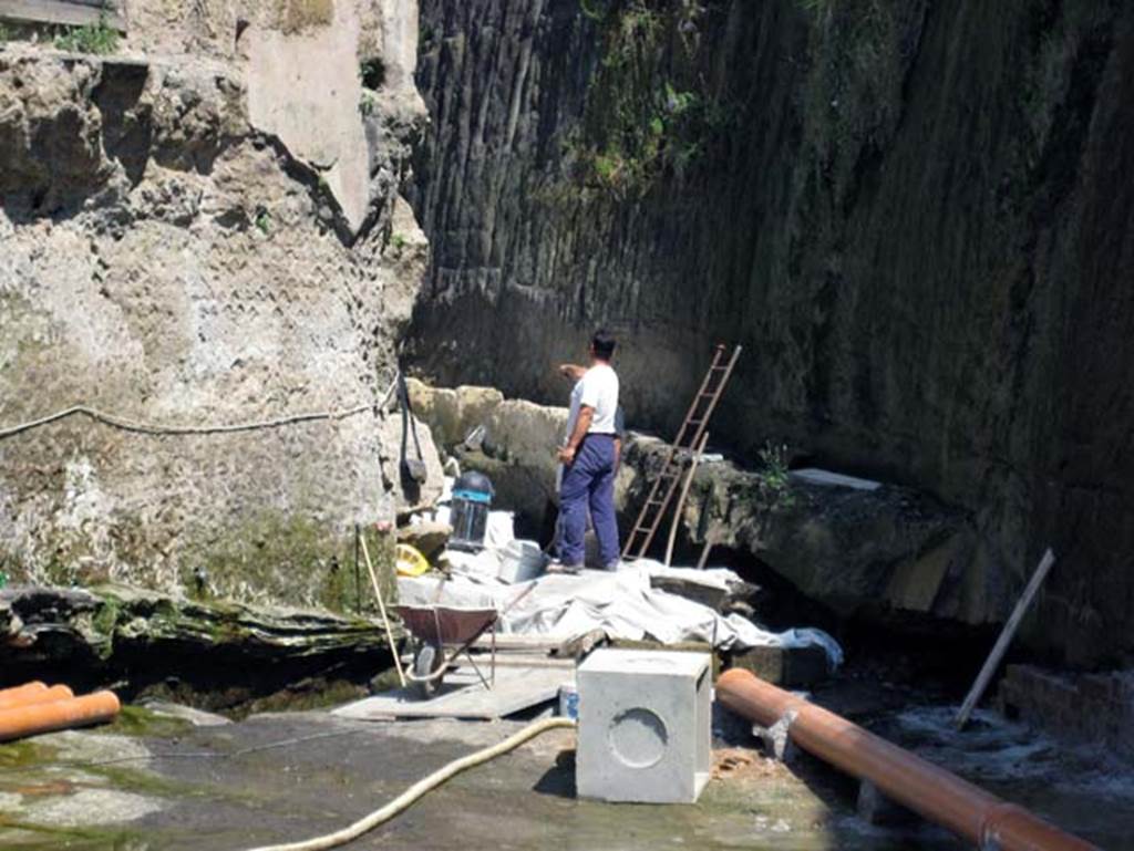 Suburban Baths, and beachfront, Herculaneum, July 2009. South-east corner of site, beachfront excavations beneath the House of Telephus Relief. Photo courtesy of Sera Baker.