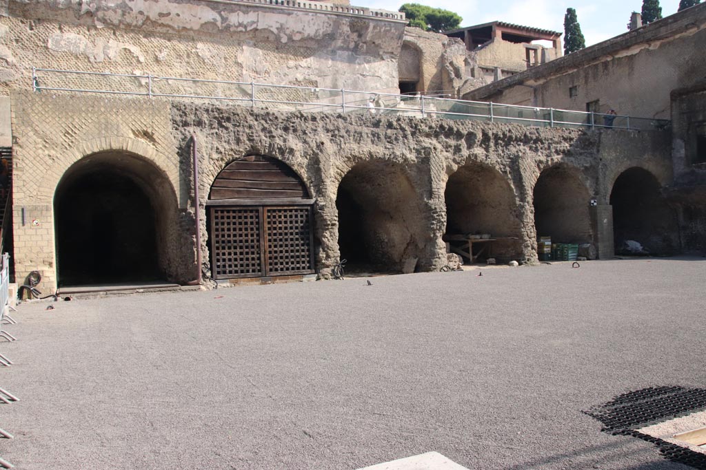 Beachfront, Herculaneum, October 2023. 
Looking towards six boatsheds were found on the east of the steps, up to the Terrace of Marcus Nonius Balbus. Photo courtesy of Klaus Heese.
