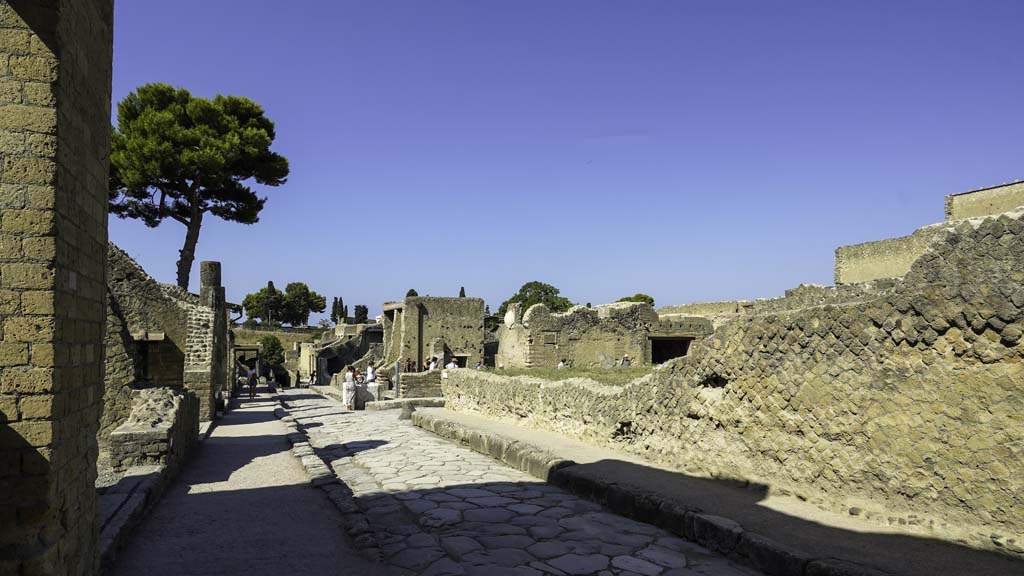 Cardo V, Herculaneum, August 2021. 
Looking south towards junction with Decumanus Inferiore, on right. Photo courtesy of Robert Hanson.

