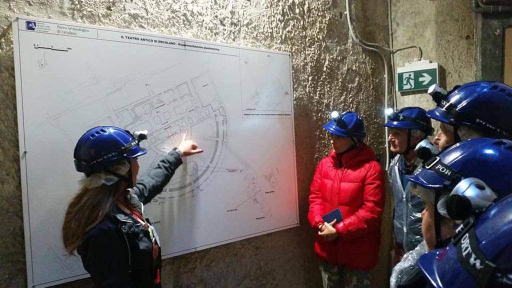 Herculaneum Theatre, photo taken between October 2014 and November 2019.
Preparing for the underground tour – hard hats, torch-lights and warm clothing. Photo courtesy of Giuseppe Ciaramella.