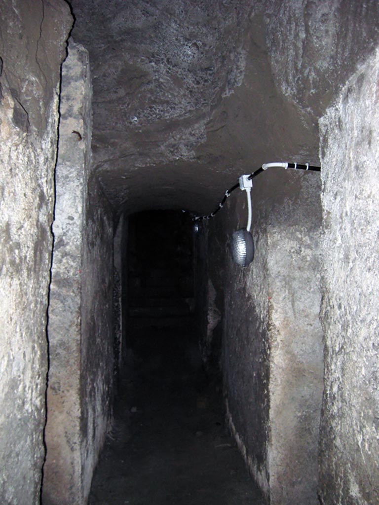 Herculaneum Theatre, July 2009. Tunnel with electricity. Photo courtesy of Sera Baker.
According to Deiss –
“Today, the well of Prince d’Elboeuf and Alcubierre’s tunnels, crisscrossing the Theatre, remain much as they were when the explorations were finally abandoned. From them the present visitor derives the most vivid impressions of the conditions under which the Neapolitan cavamonti worked so deep underground. Mists and vapours slither like ghosts through the corridors; water and slime drip from the ceilings and walls; the air is dank, bone-chilling.
Even with electric lights the tunnels disappear abruptly into the mysterious sepulchral darkness of twenty centuries.”
Deiss, in his Author’s Note, makes a point of thanking the custodians, who were unfailingly polite and helpful – even on the hottest days, after closing hours, and especially on the harrowing occasion when all the lights shorted out in the damp Theatre tunnels ninety feet below the surface.”.
See Deiss, J.J. (1968. Herculaneum: a city returns to the sun. London, The history Book Club, (p. x, p.137).