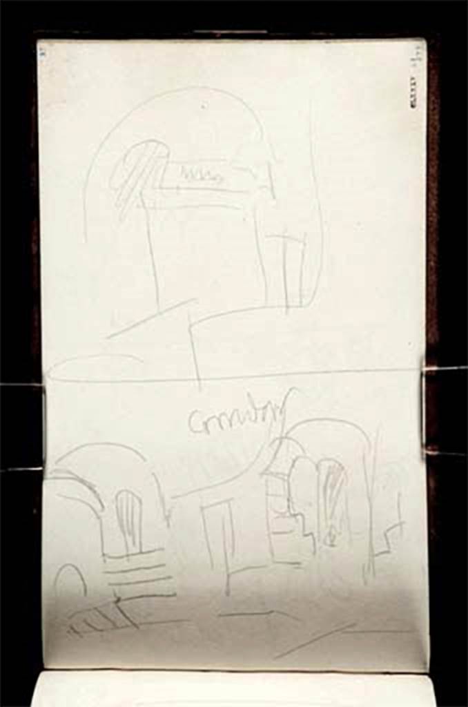 Herculaneum Theatre. Pencil sketch by J.M.W. Turner of inside the Herculaneum theatre.
In 1819, very little of the site had been uncovered and the rough nature of Turner’s studies reflect the fact that they were drawn in poorly lit, subterranean surroundings.
Now in the Tate Gallery. Tate Creative Commons Licence CC-BY-NC-ND 3.0 (Unported).