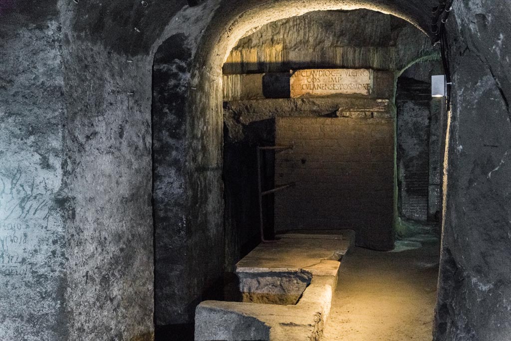 Herculaneum Theatre. October 2023. Looking west towards base with honorary inscription. Photo courtesy of Johannes Eber.