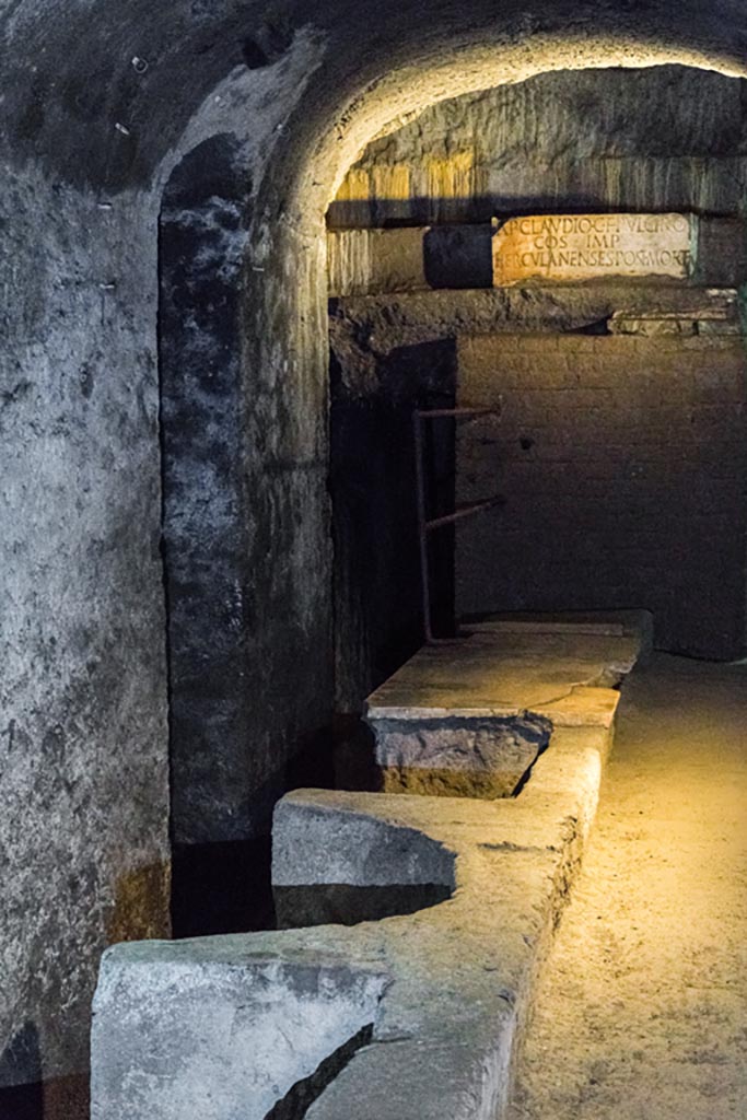 Herculaneum Theatre. October 2023.
Looking across west end of the proscenium towards base with honorary inscription. Photo courtesy of Johannes Eber.