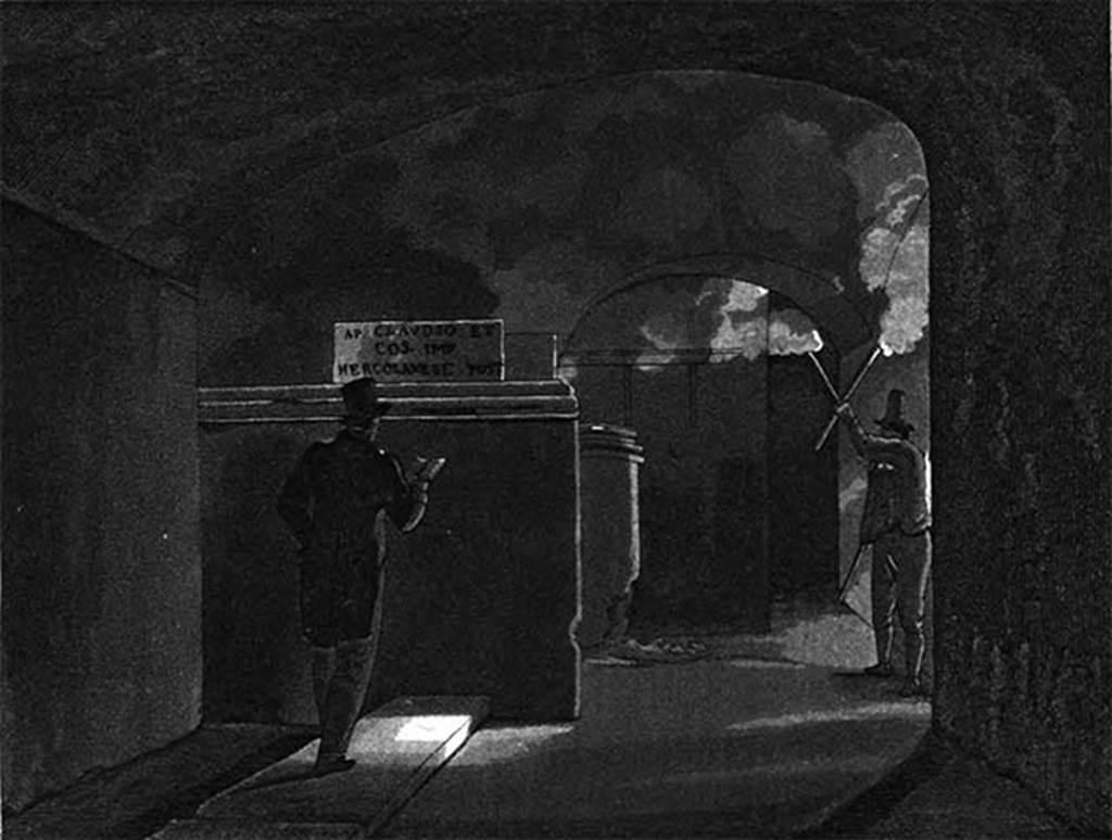 Herculaneum Theatre. 1827. Painting by Giacinto Gigante “Parte del proscenio del Teatro di Ercolano”.
The inscription to Appius Claudius Pulcher can be seen.
See De Jorio A, 1827. Notizie su gli scavi di Ercolano, Tav IV.