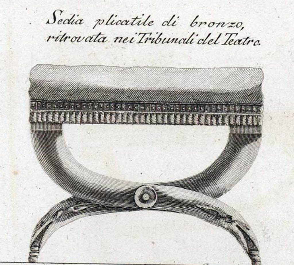 Herculaneum Theatre. Bronze seat found in the tribunal of the theatre.
See Piranesi, F, 1783. Teatro di Ercolano, Tav. IX.
An honorific chair was set up in memory of Appius Claudius Pulcher.
A second honorific chair was set up for Marcus Nonius Balbus.