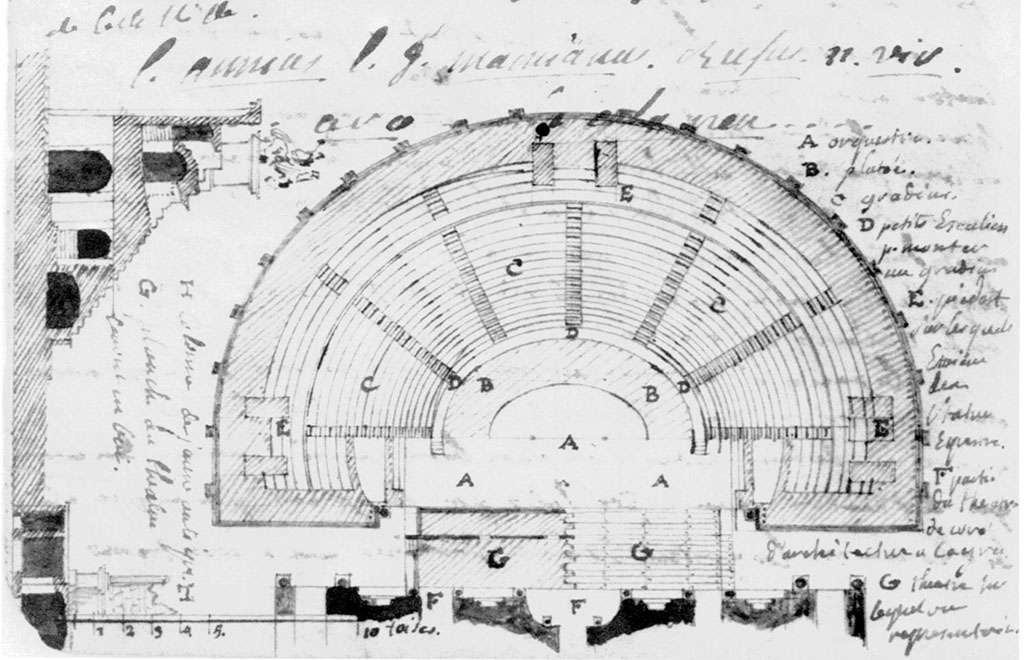 Herculaneum Theatre. Sketch plan drawn in 1750-1 by Jerome-Charles Bellicard in his notebook, p.3.
Now in the Metropolitan Museum of Art, New York, USA.
See Metropolitan Museum Journal 25.
