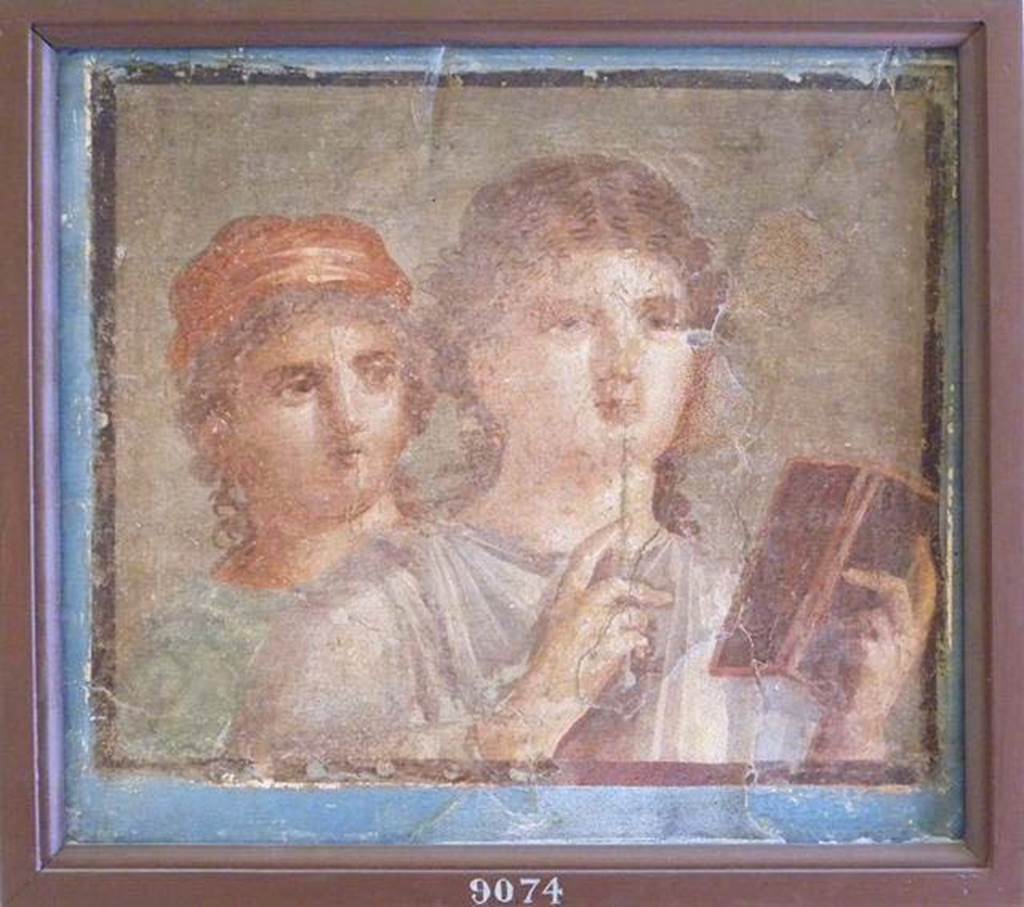 Herculaneum Theatre. Found 16th February 1740. Painting of a man and a woman or two women with a writing tablet.
According to AdE, this showed two women both with pearl earrings and hair down to the shoulders.
The front woman was dressed in white and holds an open writing tablet in her left hand and a stylus in her right, which she was pointing towards her lips.
The rear woman was dressed in iridescent green and has a yellow band on her head.
Now in Naples Archaeological Museum. Inventory number 9074.
See Le Antichità di Ercolano esposte Tomo 3, Le Pitture Antiche di Ercolano 3, 1762, Tav 46, 239. No date.
See Pagano, M. and Prisciandaro, R., 2006. Studio sulle provenienze degli oggetti rinvenuti negli scavi borbonici del regno di Napoli. Naples: Nicola Longobardi, p. 184.