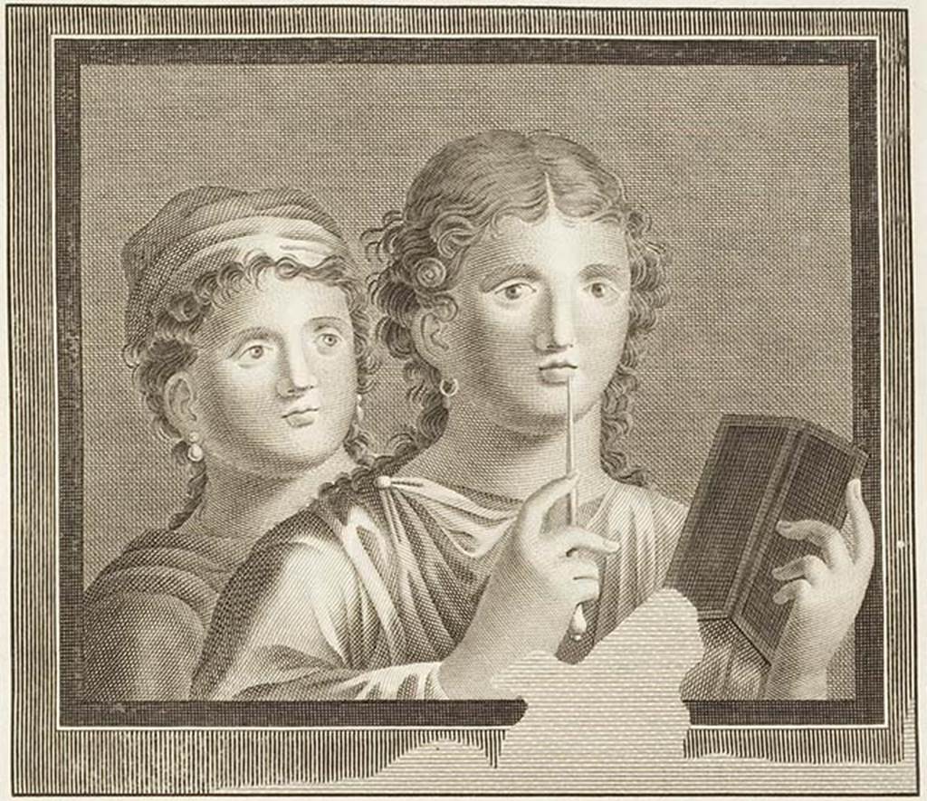 Herculaneum Theatre. Found 16th February 1740. Painting of two women with a writing tablet.
See Le Antichità di Ercolano esposte Tomo 3, Le Pitture Antiche di Ercolano 3, 1762, Tav 46, 239. No date.
Found in the Scavi di Portici.